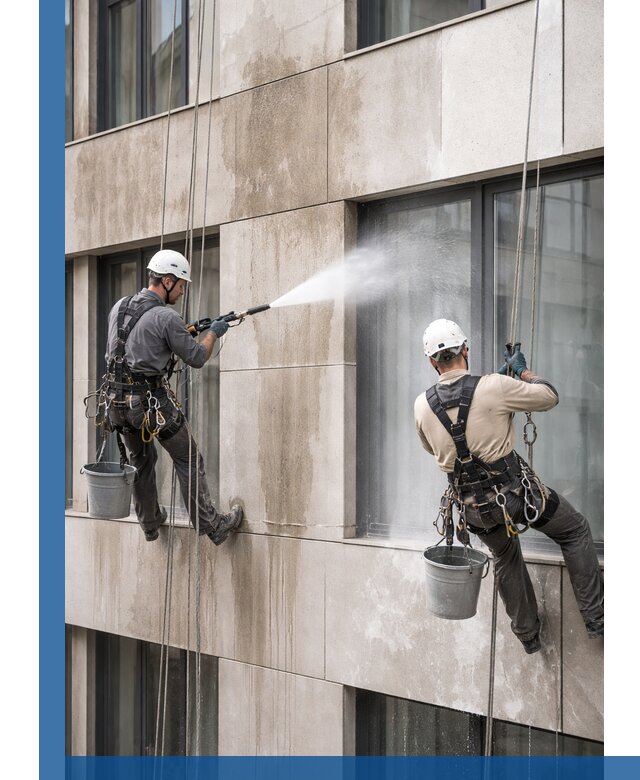 Послестроительная мойка фасада промышленным альпинизмом в Холмске