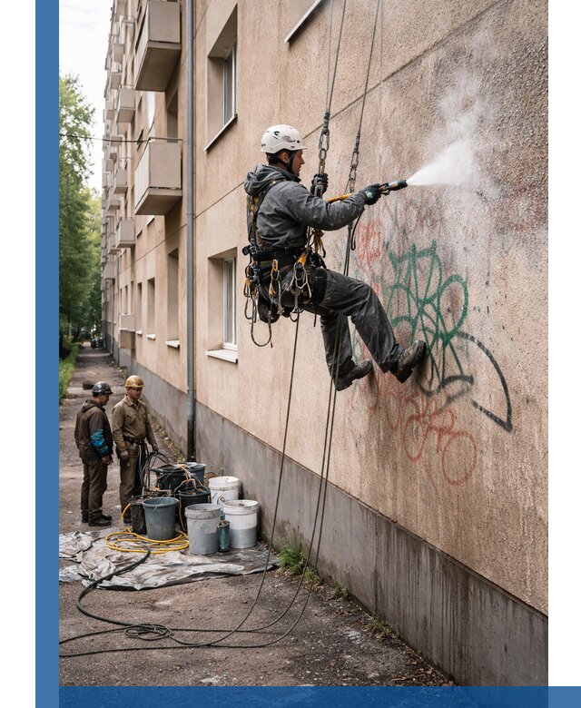 Удаление граффити с фасада в Холмске без следов и повреждений