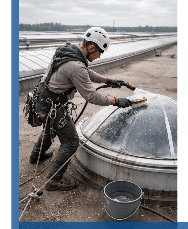 Мойка зенитных фонарей на кровле для промышленных объектов в Холмске