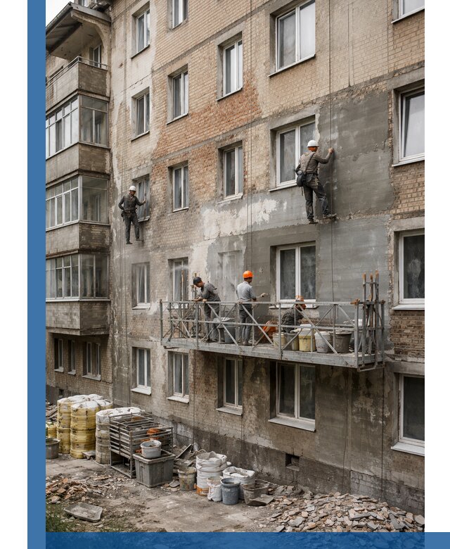 Капитальный ремонт фасада в Холмске с восстановлением и гидроизоляцией