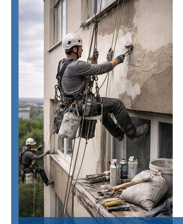 Косметический ремонт фасада зданий в Холмске промышленными альпинистами