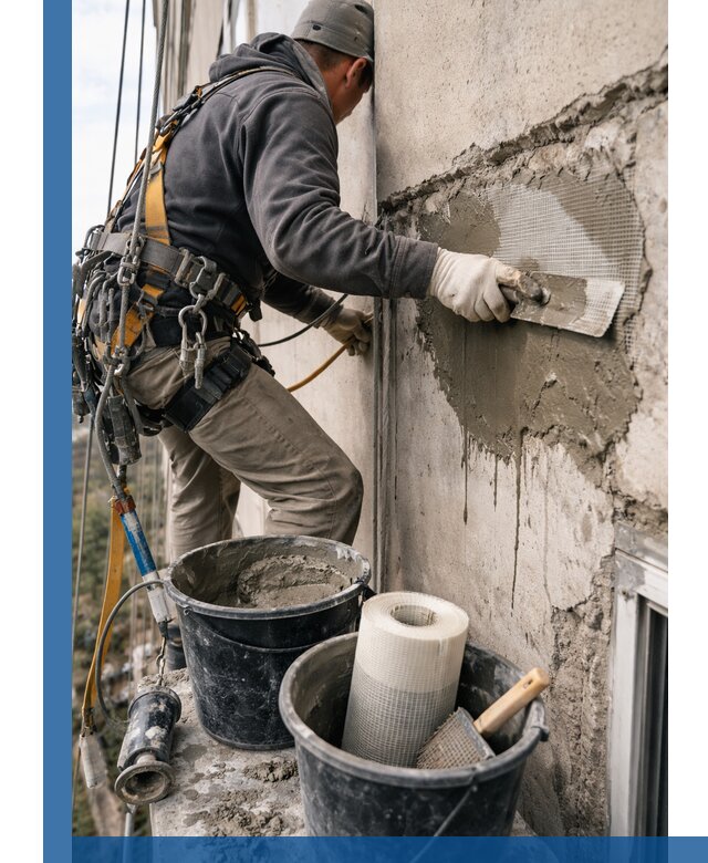 Ремонт бетонных элементов фасада промышленными альпинистами в Холмске