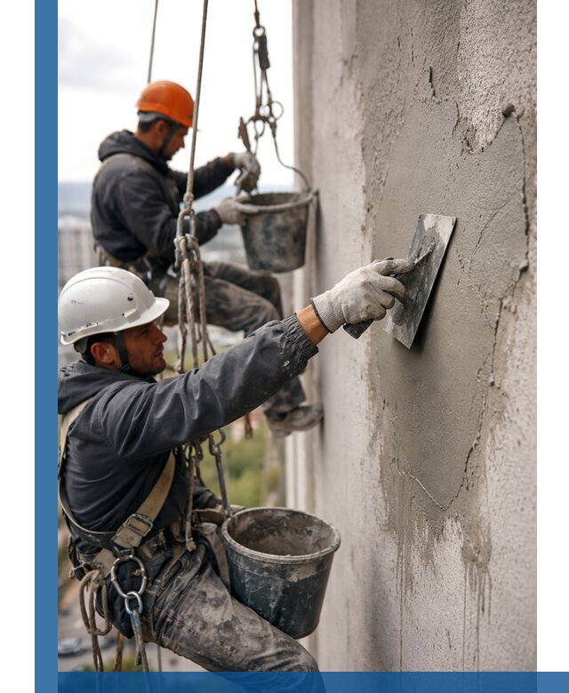 Штукатурка фасада на высоте в Холмске профессиональные работы