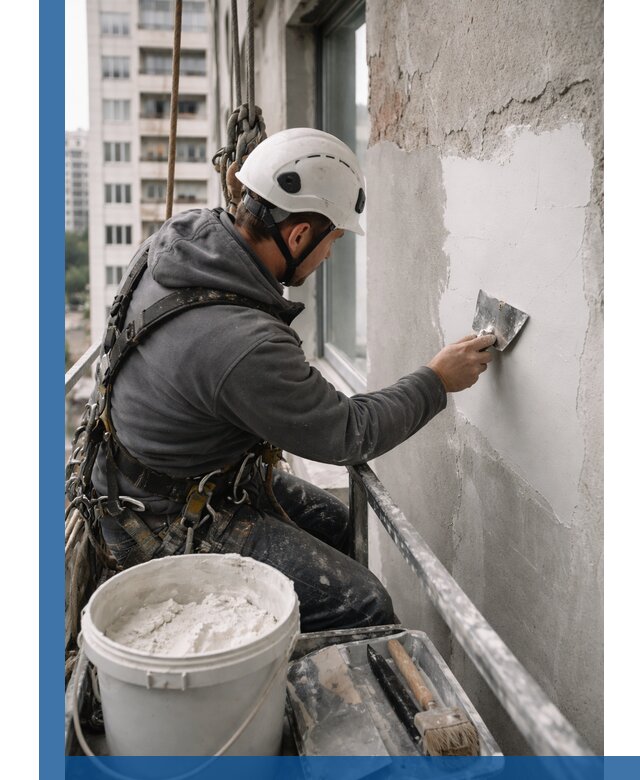 Шпаклевка фасадов на высоте с промальпинистами в Холмске