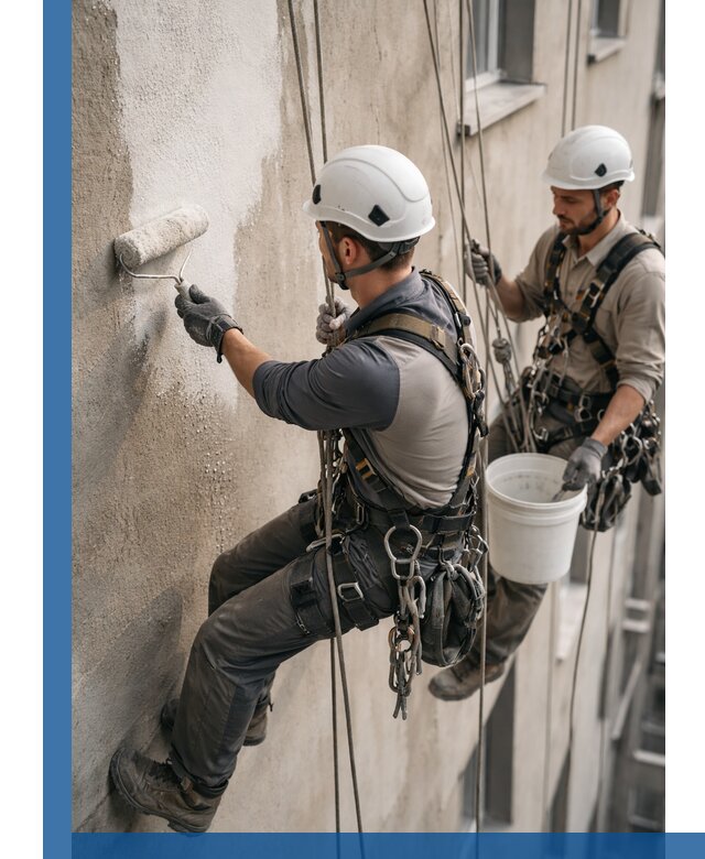 Грунтовка фасада на высоте в Холмске промышленными альпинистами