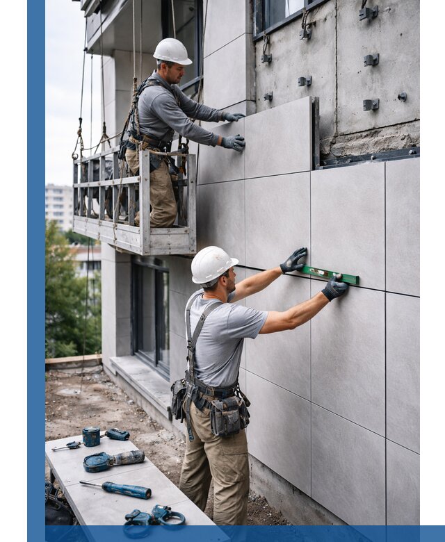 Монтаж керамогранита на фасад в Холмске под ключ с гарантией качества