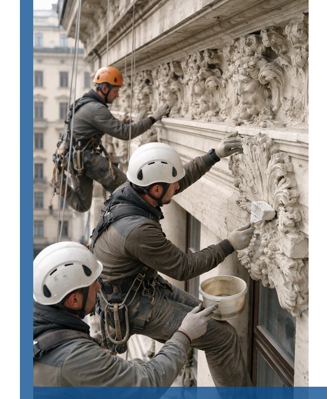 Реставрация фасадной лепнины с высотными работами в Холмске