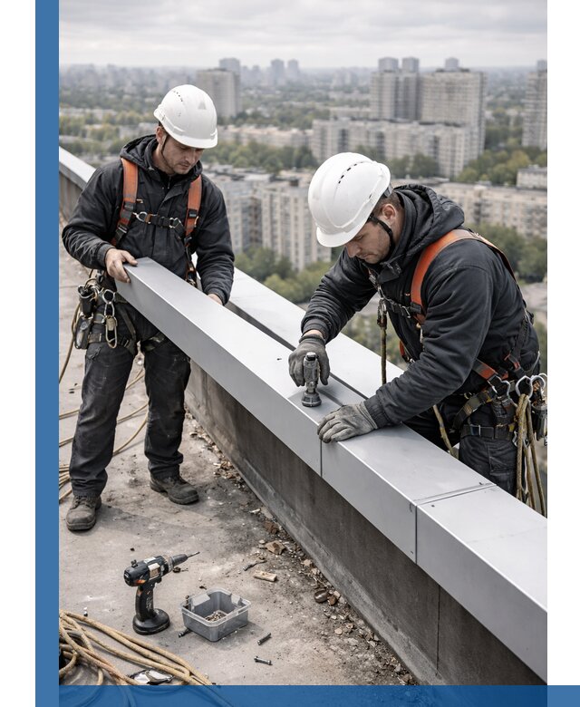 Монтаж парапетных крышек и ограждений кровли в Холмске