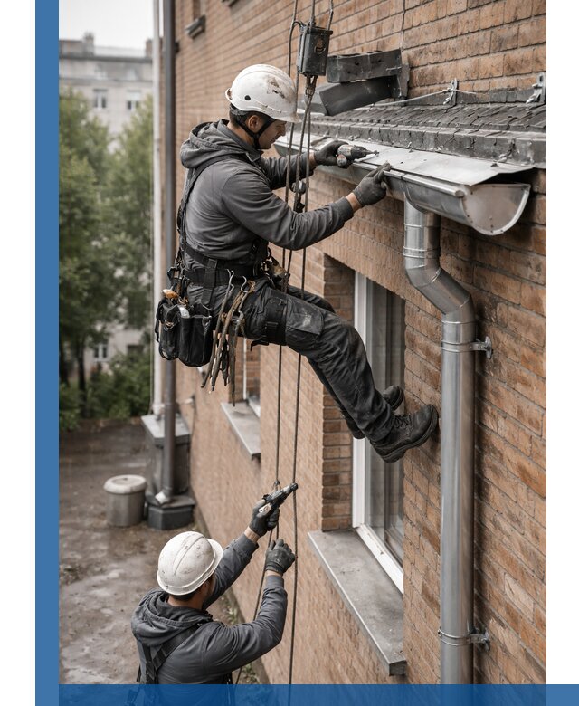 Монтаж водосточной системы на здании в Холмске под ключ