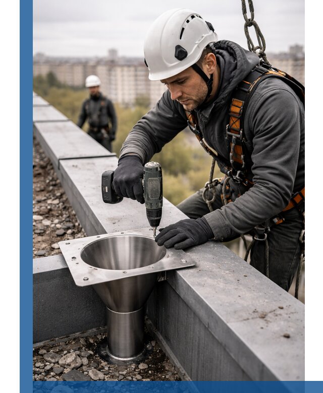 Монтаж водосточных воронок в Холмске для промышленных зданий