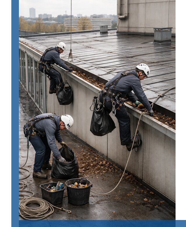 Очистка кровли по периметру в Холмске силами промышленных альпинистов