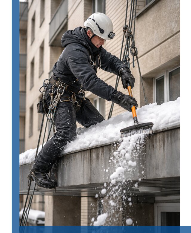 Очистка козырьков от снега в Холмске круглогодично безопасно