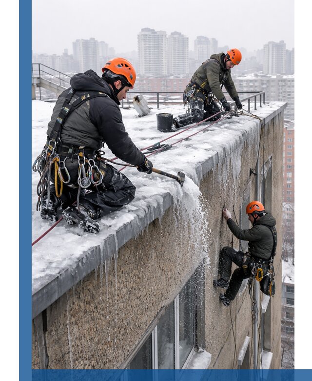 Удаление наледи с кровли в Холмске промышленными альпинистами