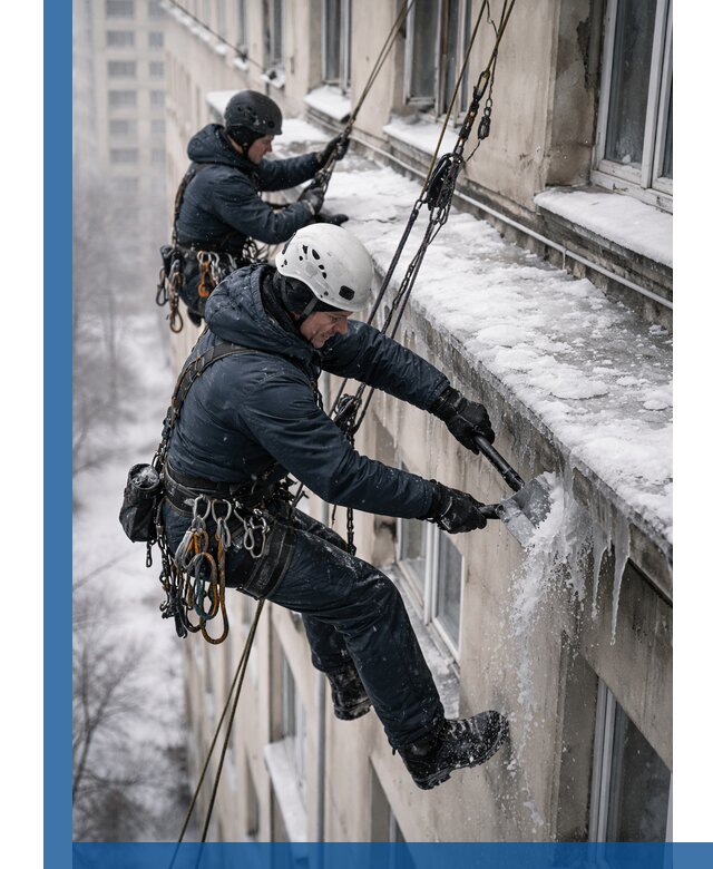 Удаление наледи и сосулек с карнизов в Холмске профессионально