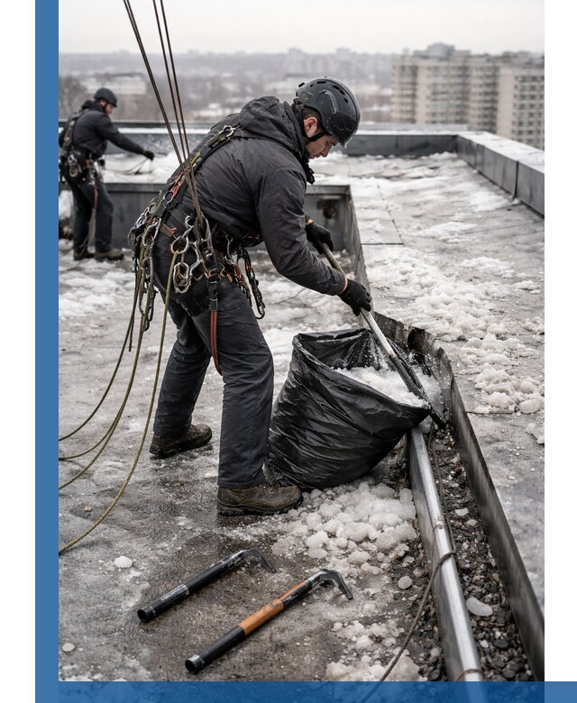 Аварийная очистка кровли в Холмске от промальпинистов