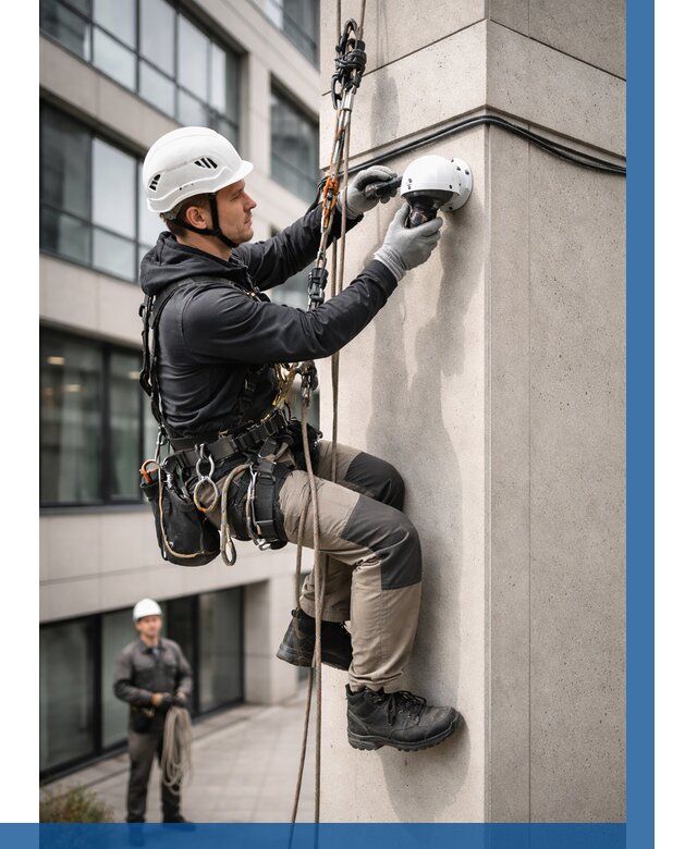 Монтаж камер видеонаблюдения на фасаде в Холмске от 8730 р.-ВЫСОТНИК-Хлм