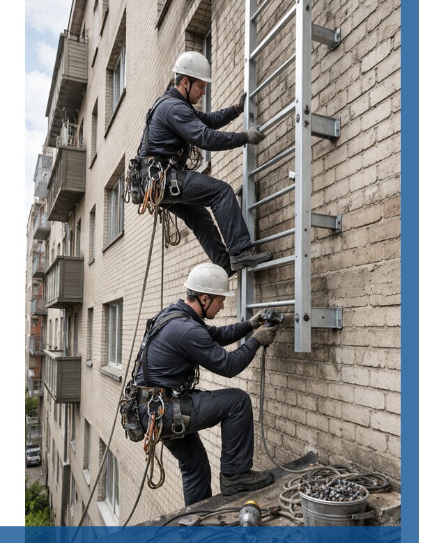 Монтаж пожарной лестницы в Холмске от 25678 р заказать у ВЫСОТНИК-Хлм