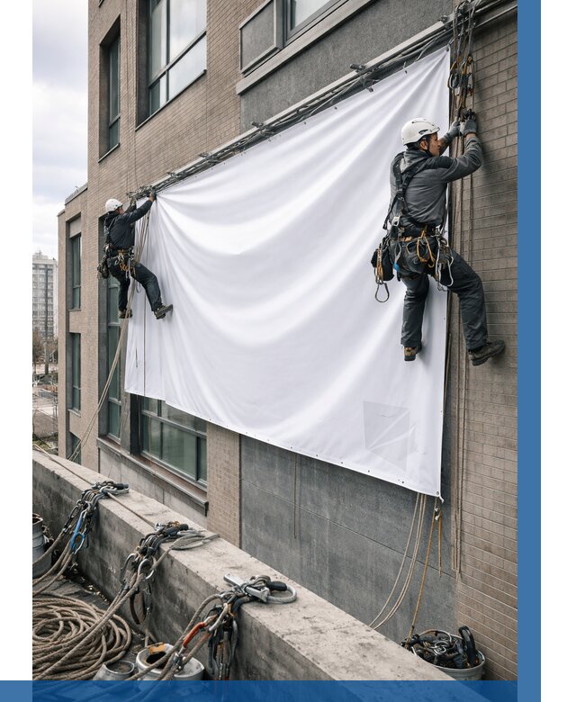 Монтаж баннеров на фасаде в Холмске от 668 р. заказать ВЫСОТНИК-Хлм