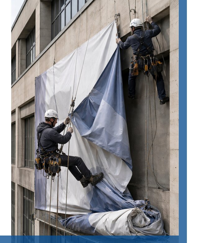 Демонтаж баннеров с фасада в Холмске от 4622 р. | ВЫСОТНИК-Хлм