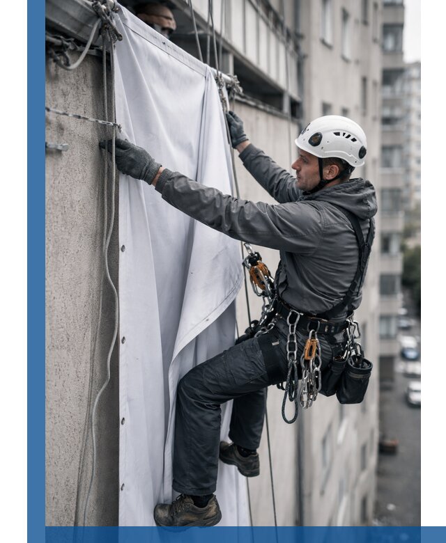 Замена баннерного полотна промышленными альпинистами в Холмске