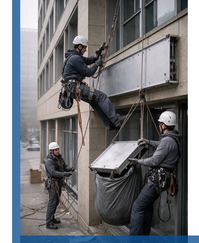 Демонтаж рекламной вывески с высотными работами в Холмске