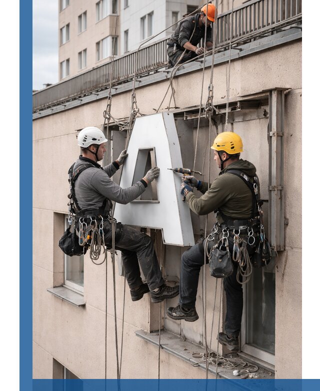 Ремонт и восстановление наружных вывесок на высоте в Холмске