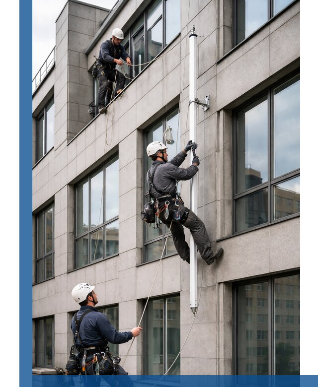 Монтаж флагштока на фасаде здания с креплением и герметикой в Холмске
