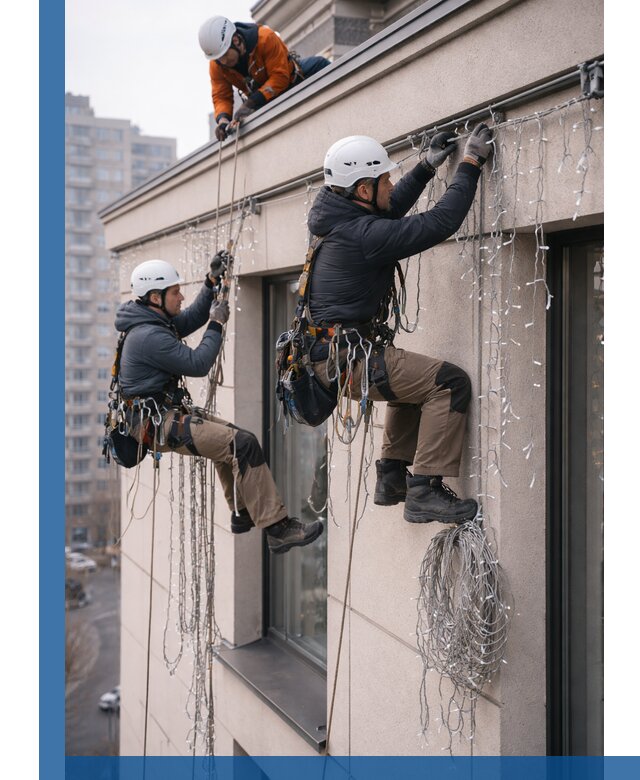 Монтаж праздничных гирлянд на фасаде в Холмске для зданий