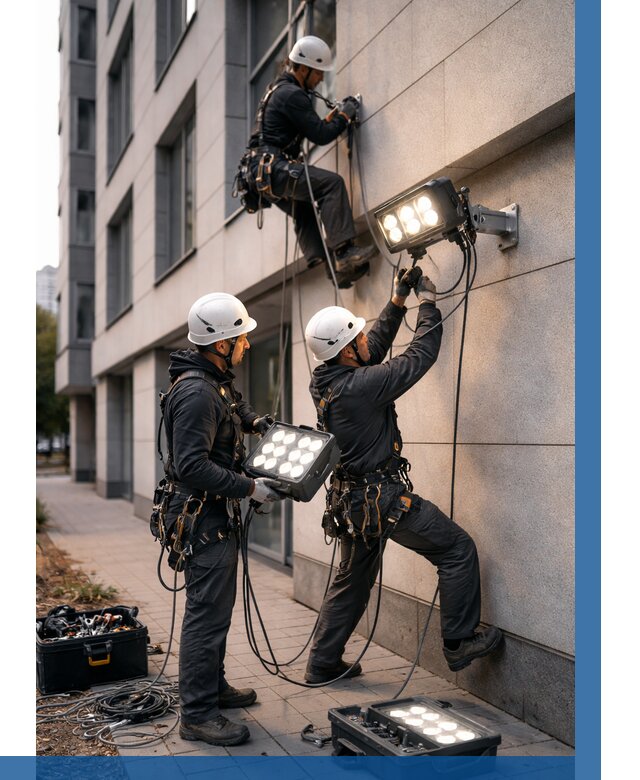 Монтаж прожекторов на фасаде в Холмске от 7703 р. | ВЫСОТНИК-Хлм