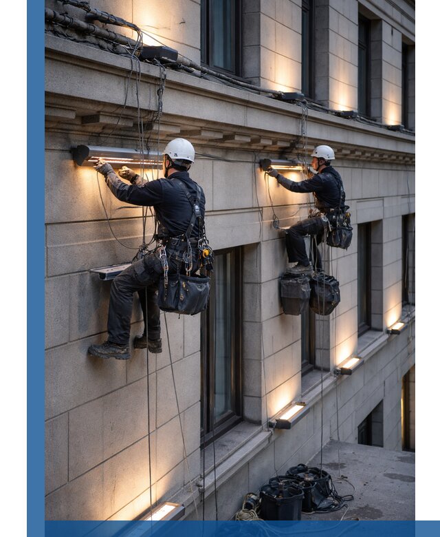 Монтаж архитектурной подсветки фасадов зданий в Холмске