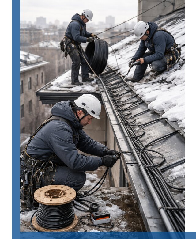 Монтаж греющего кабеля на кровле в Холмске под ключ