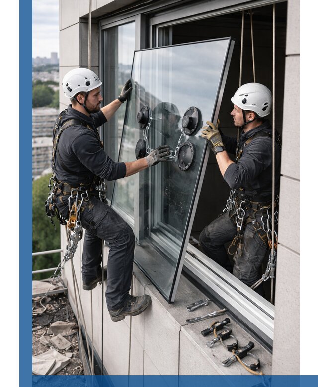 Замена стеклопакетов на высоте с промышленными альпинистами в Холмске