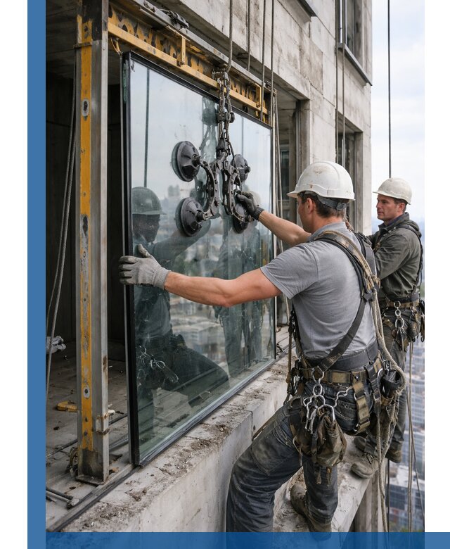 Монтаж стеклопакетов на высоте в Холмске с промышленным альпинизмом