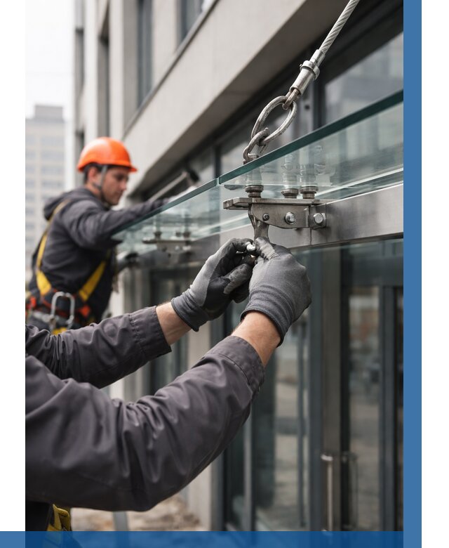 Монтаж стеклянных козырьков в Холмске от 8730 р. | ВЫСОТНИК-Хлм