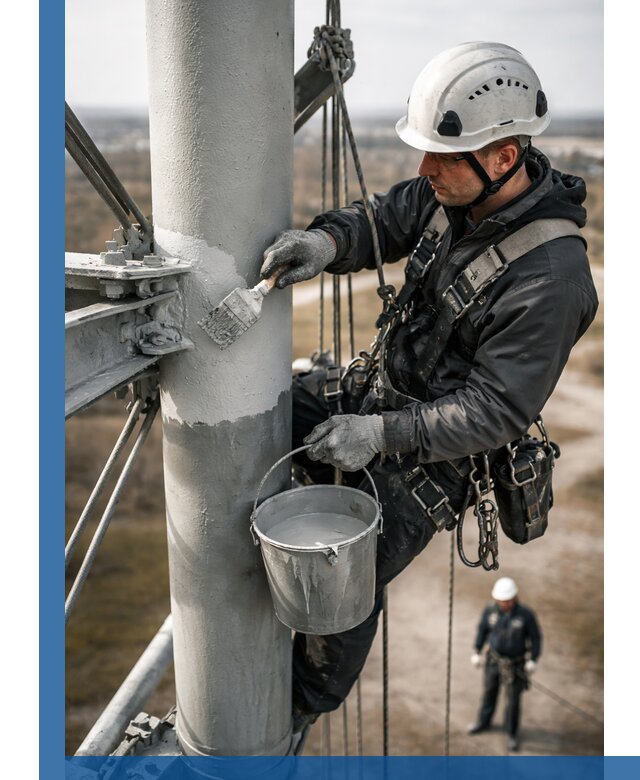 Покраска мачт связи в Холмске промышленными альпинистами