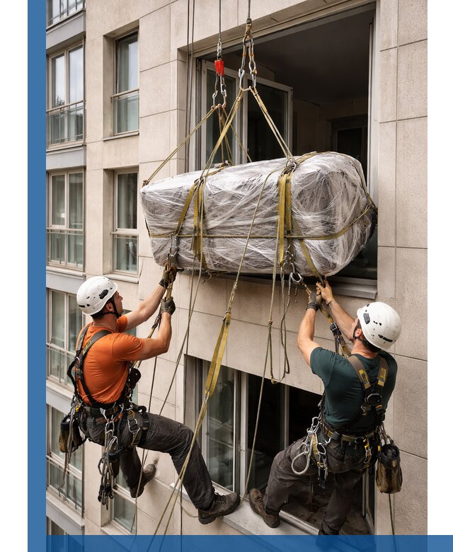 Подъем грузов через окно в Холмске промышленными альпинистами