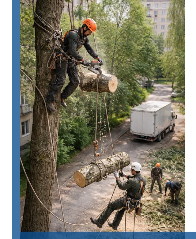Спил деревьев альпинистами в Холмске, безопасно и без повреждений