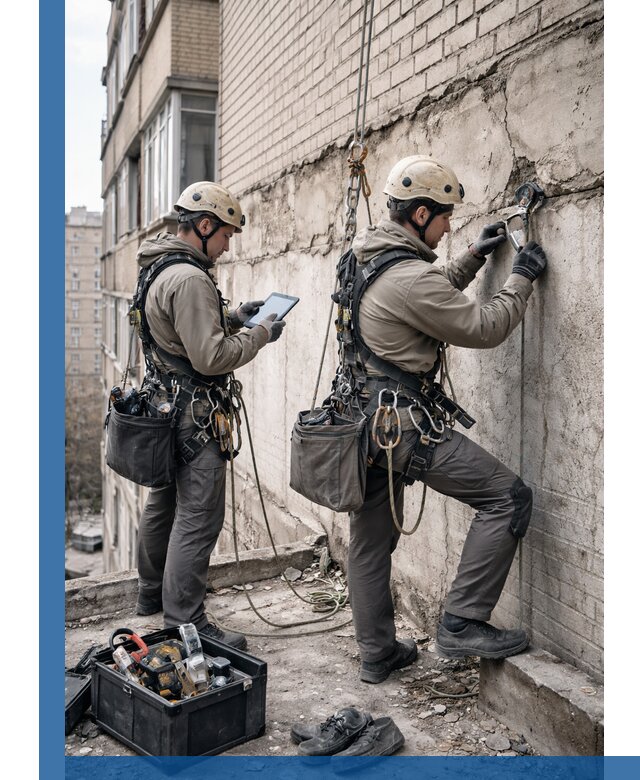 Обследование фасада промышленными альпинистами в Холмске