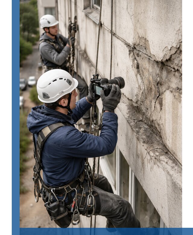 Фотофиксация дефектов фасада с высотной съемкой в Холмске