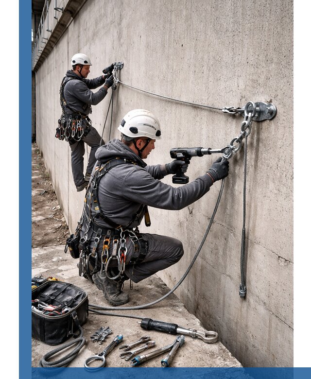 Монтаж анкерных линий высотной безопасности в Холмске